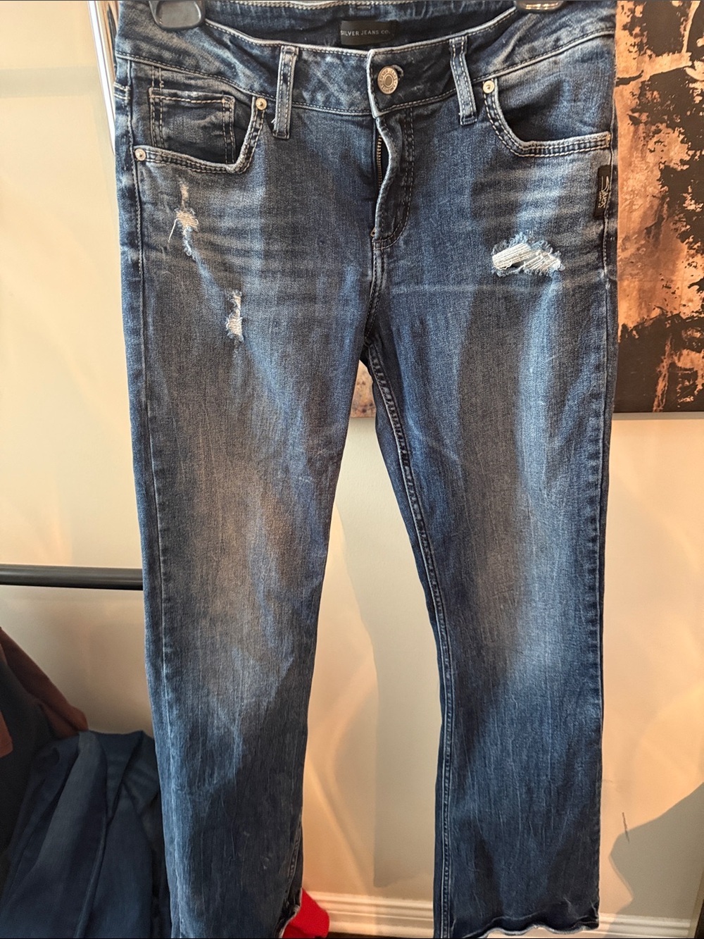 Silver Jeans Women’s Boot Cut Distressed Blue Denim
